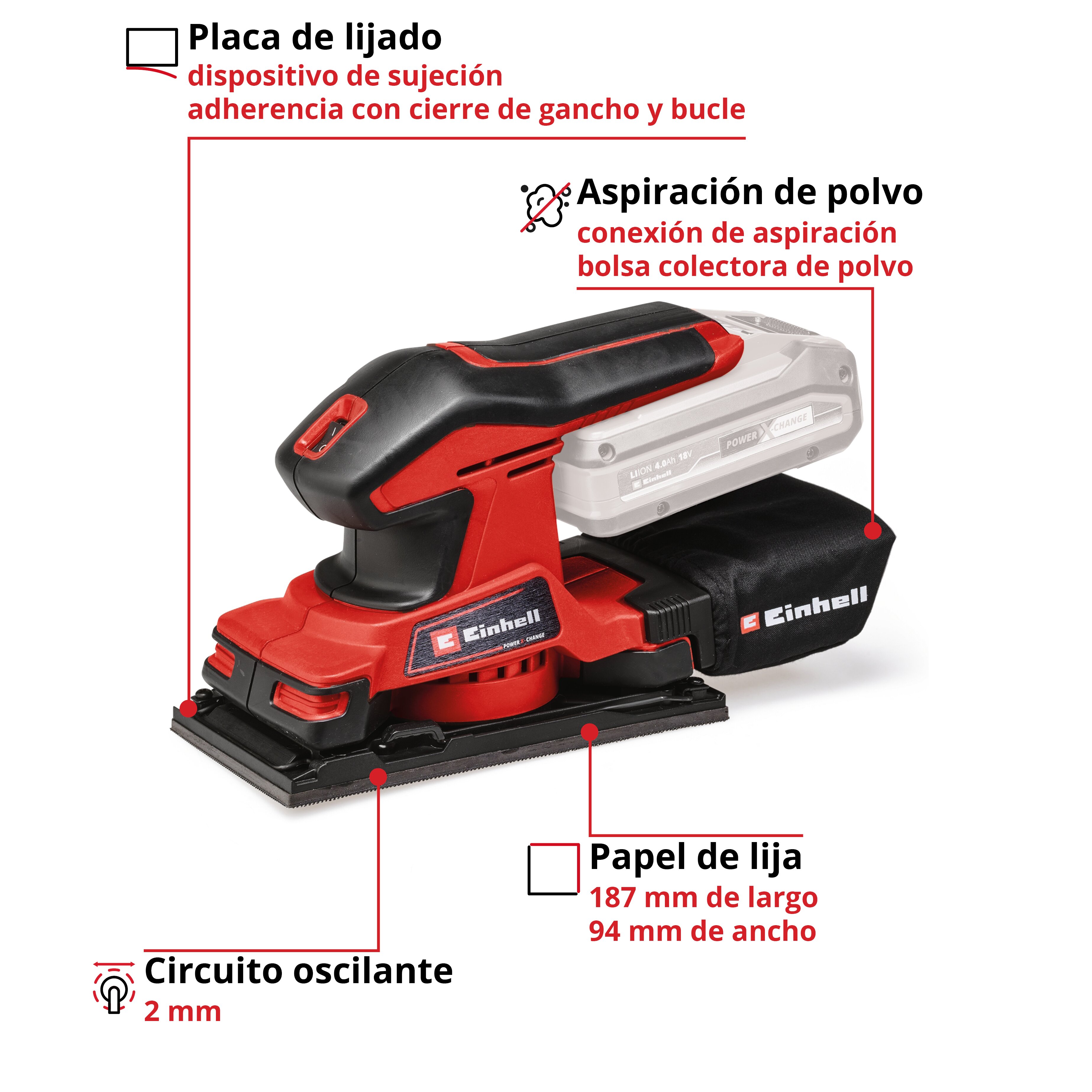 Lijadora orbital Einhell TC-OS 18/187 Li - Solo Rojo-3