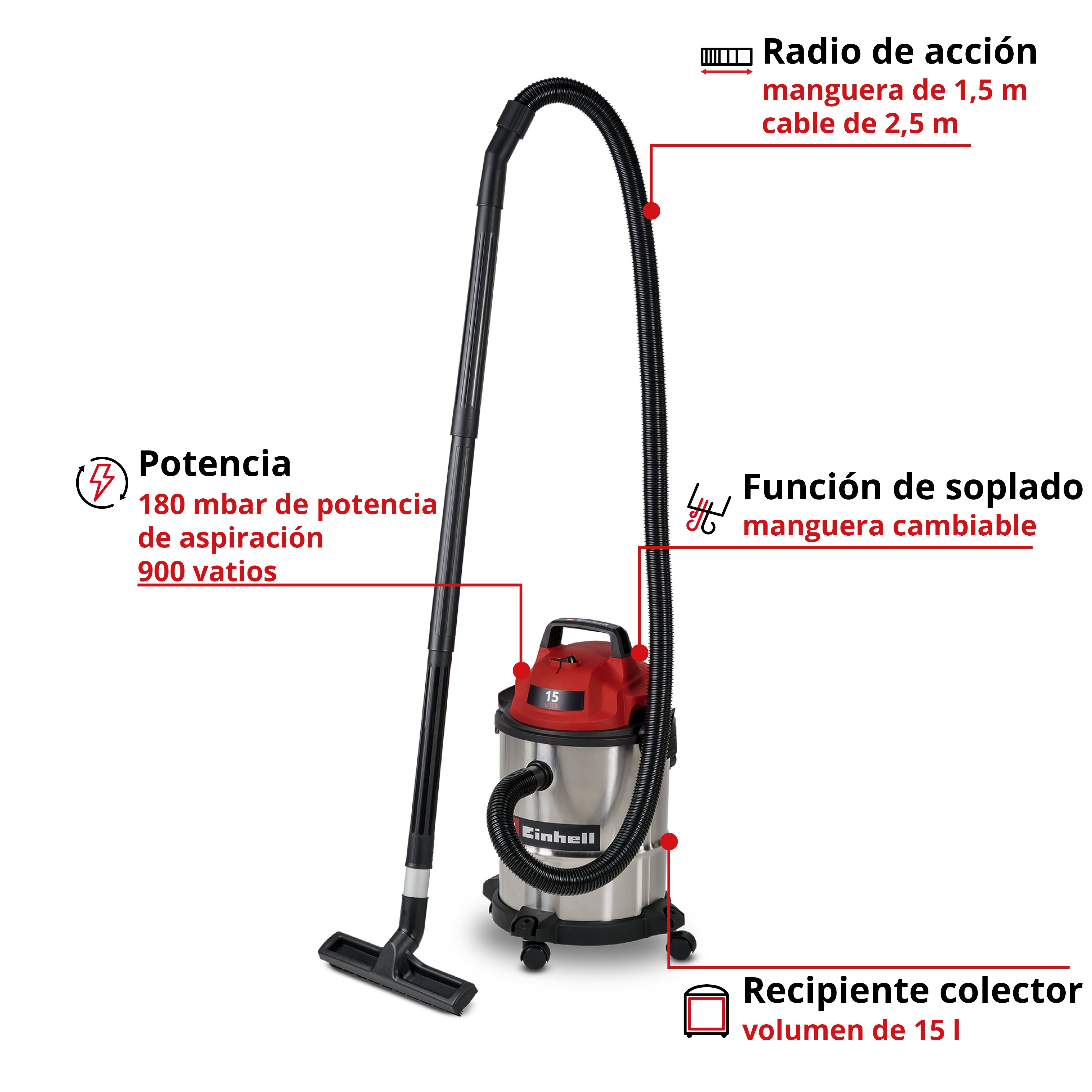 Aspirador seco-húmedo inox Einhell TC-VC 1540 S (bajo consumo) Rojo-7