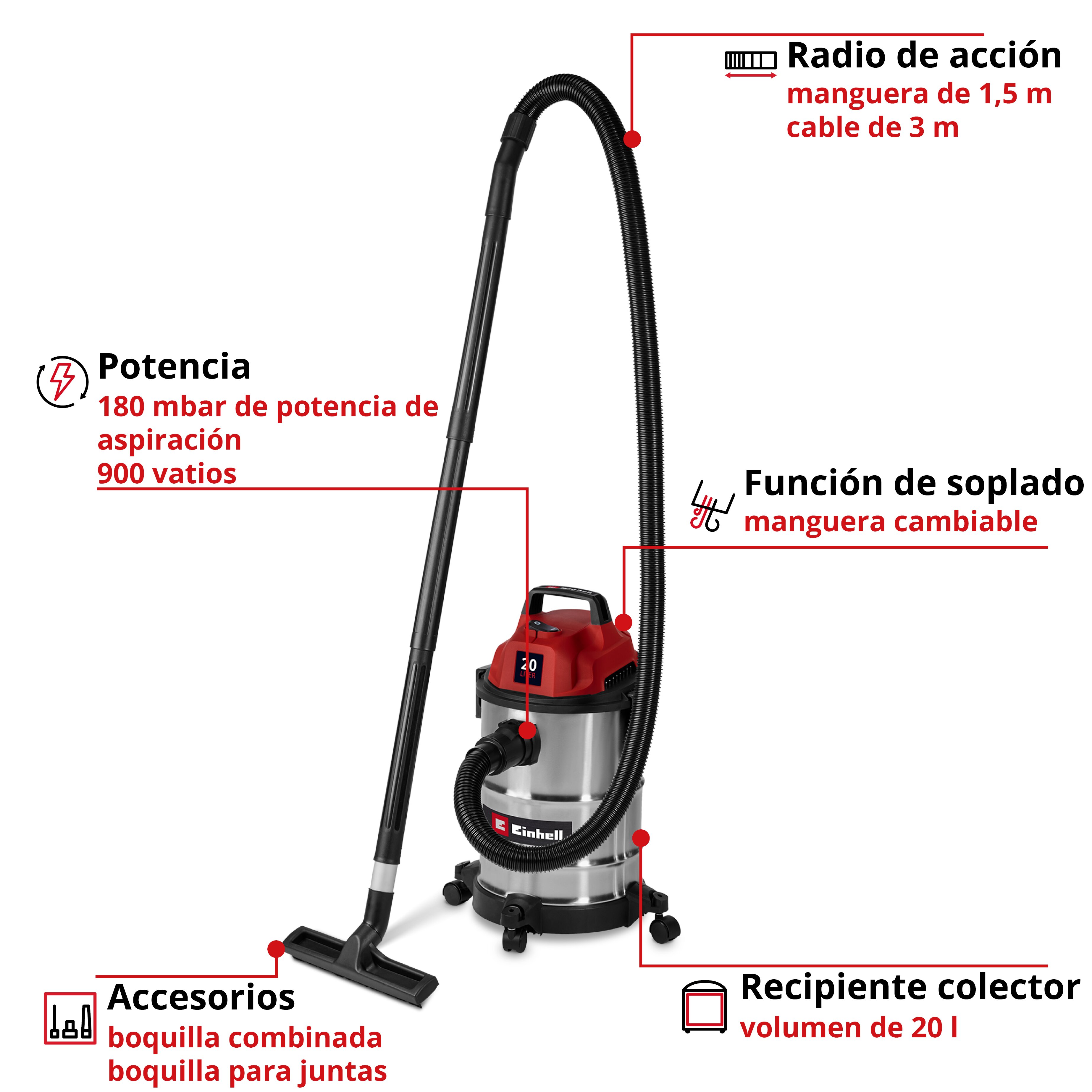 Aspirador seco-húmedo inox Einhell TC-VC 2045 S (bajo consumo) Rojo-6