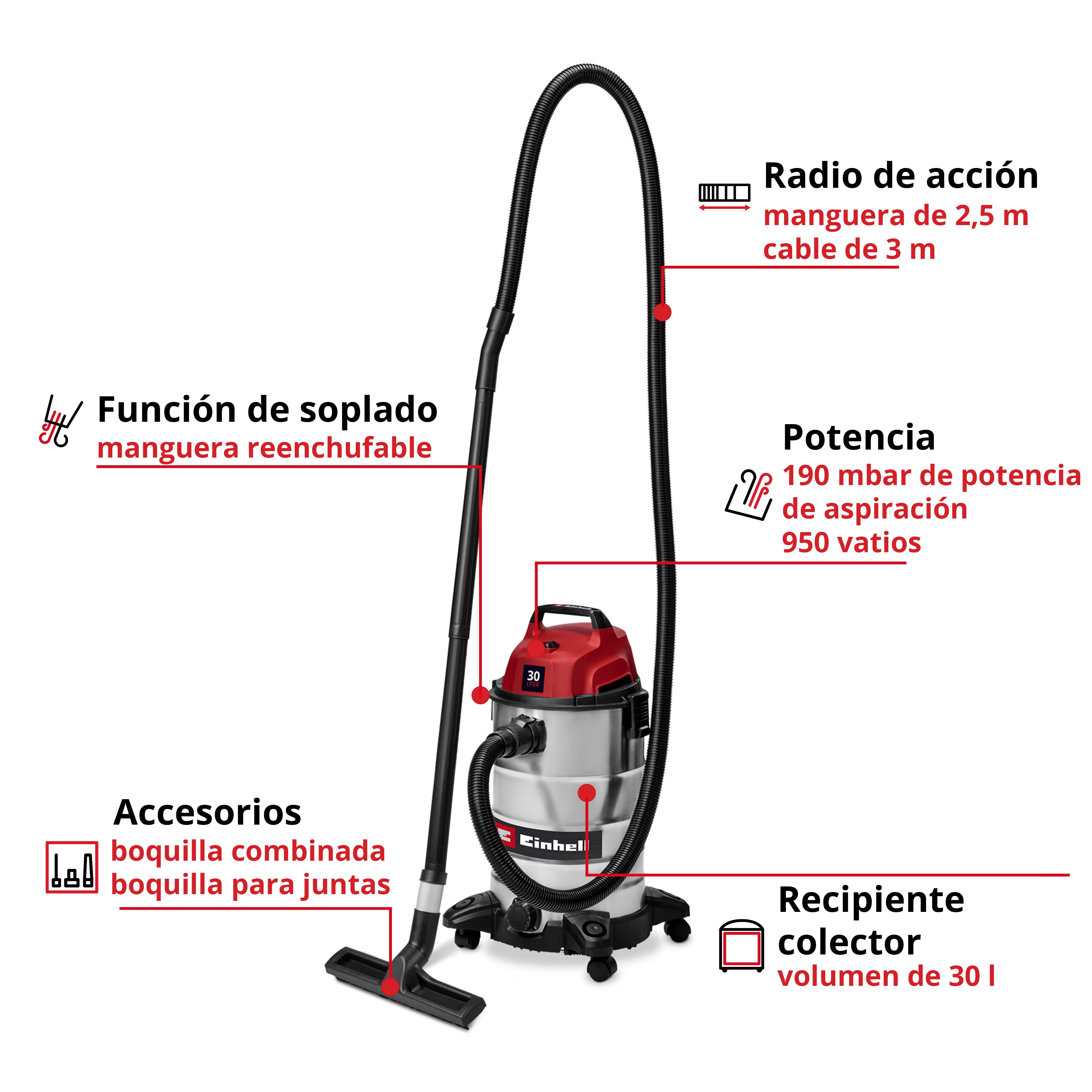 Aspirador seco-húmedo inox Einhell TC-VC 3055 S (bajo consumo) Rojo-7