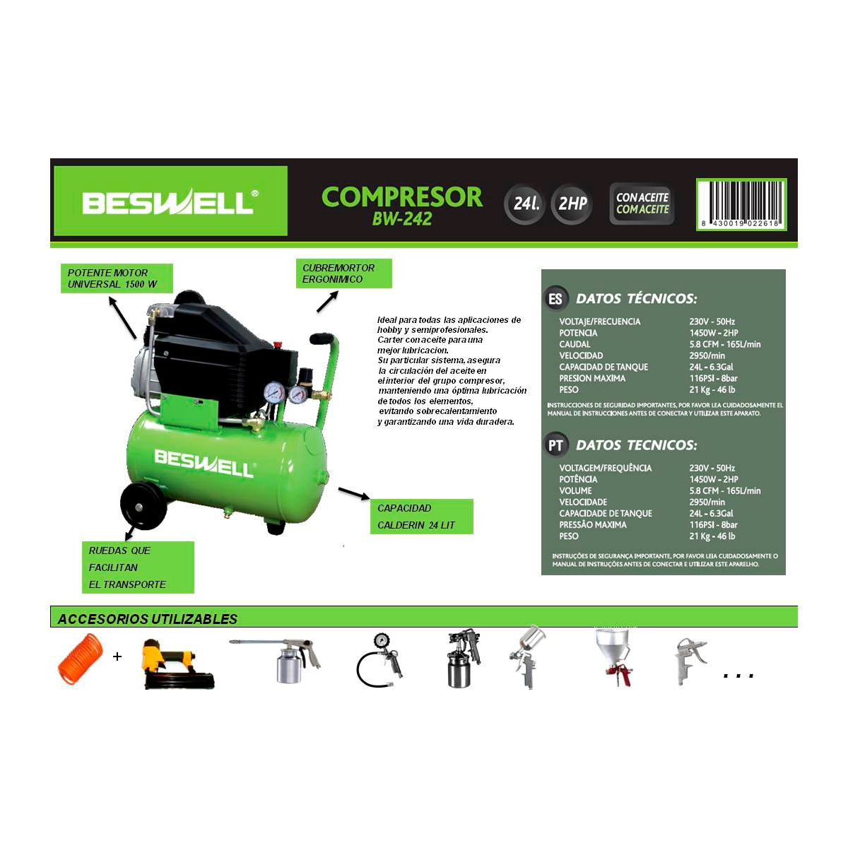 Compresor de Aire Eléctrico con cable a red 2 HP 24 litros CA-BW242D Verde-2