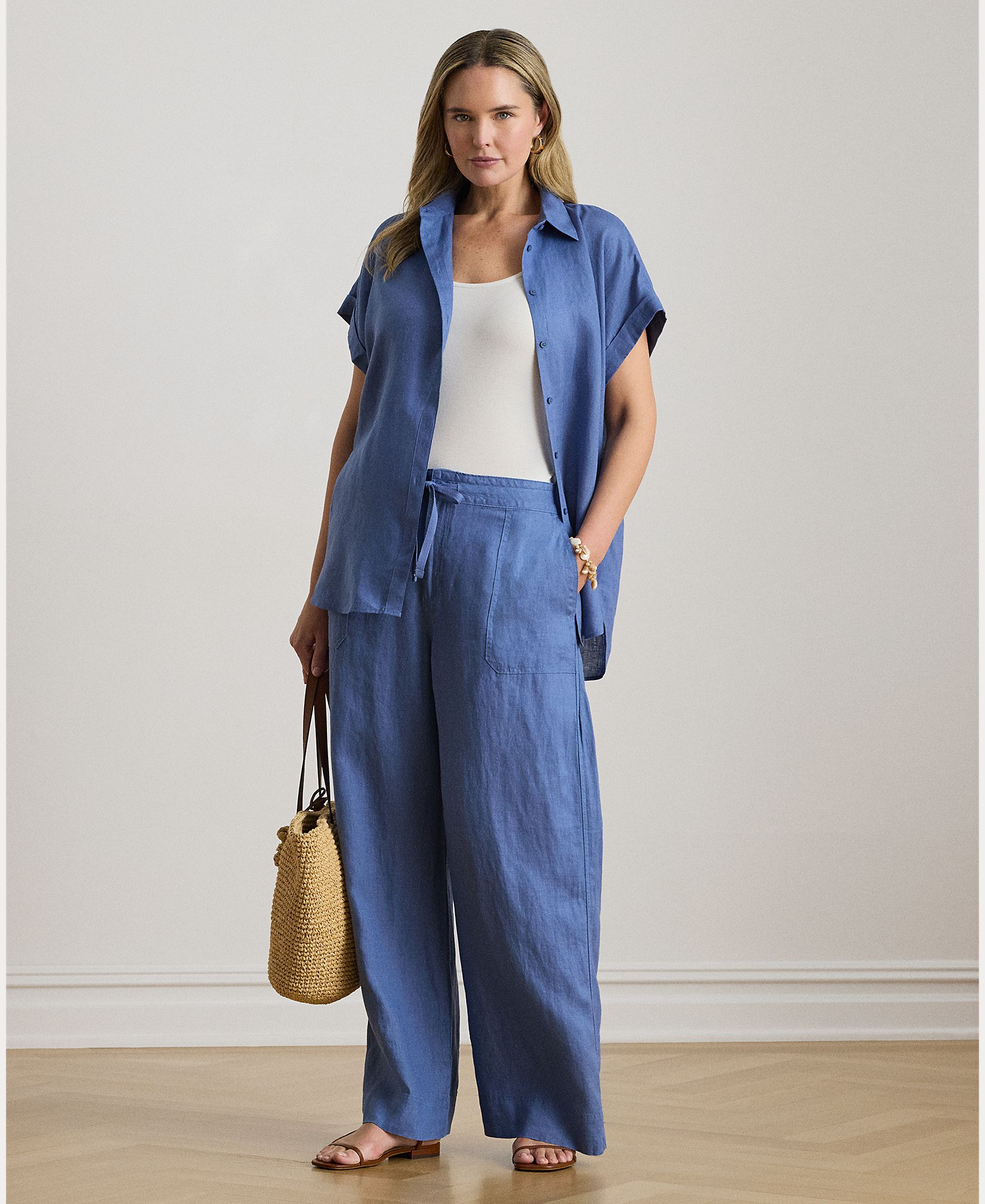 Imagem 0 de Calças Tamanhos Grandes de Perna Larga em Linho