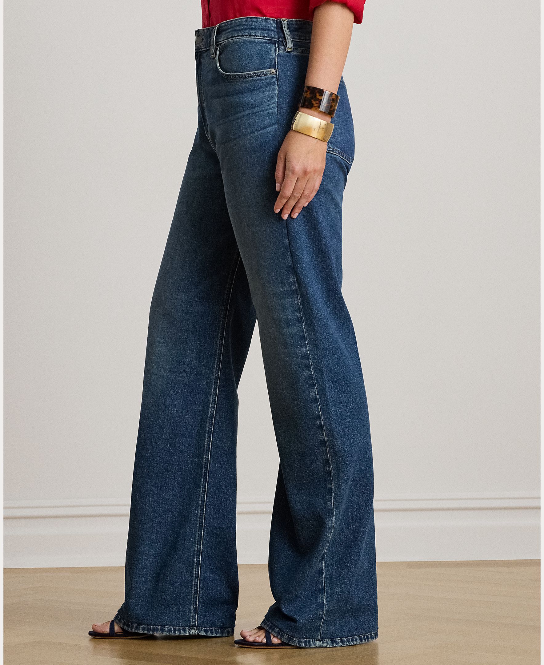 Jeans Largas de Algodão Elástico Azul-4