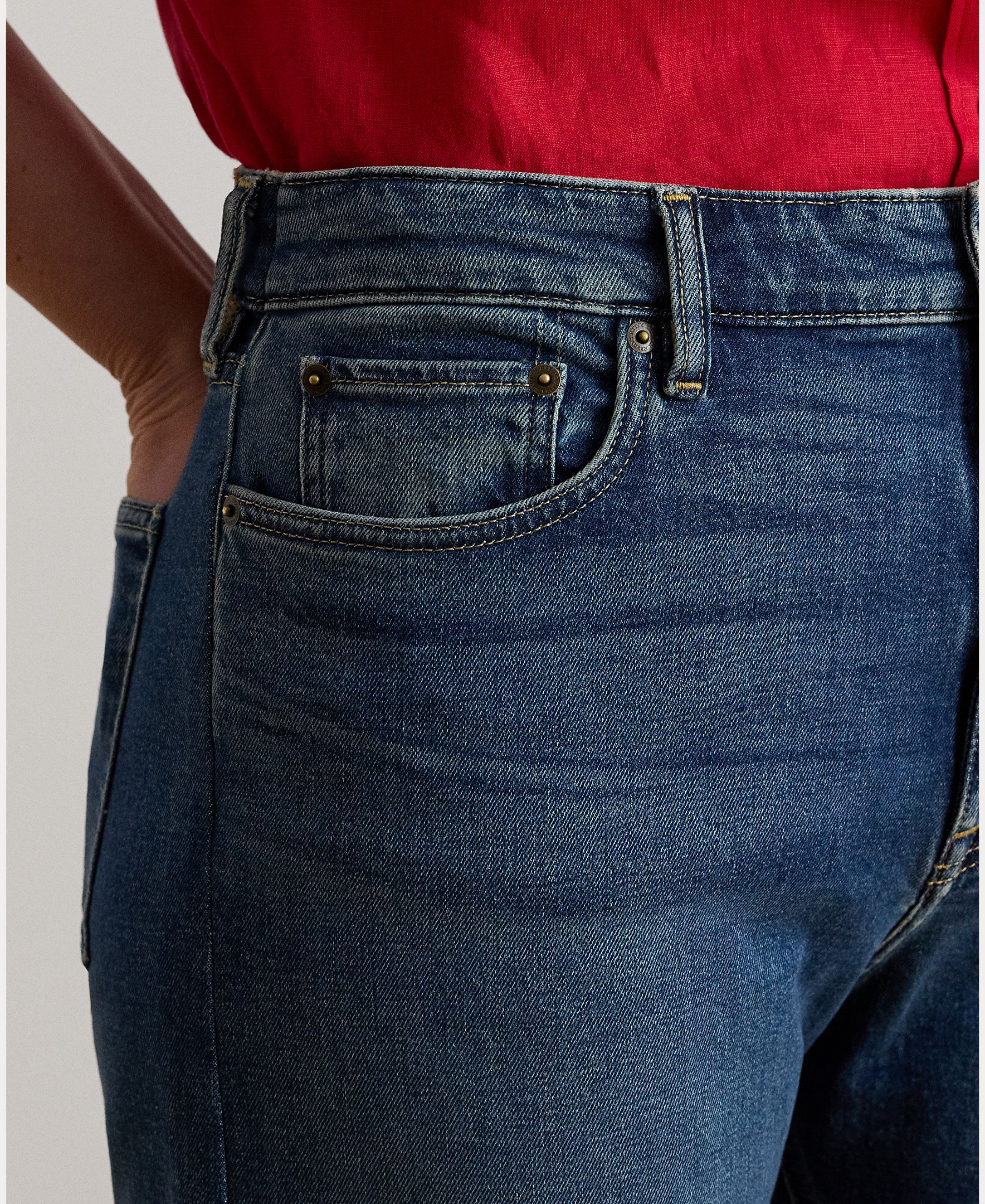 Jeans Largas de Algodão Elástico Azul-5