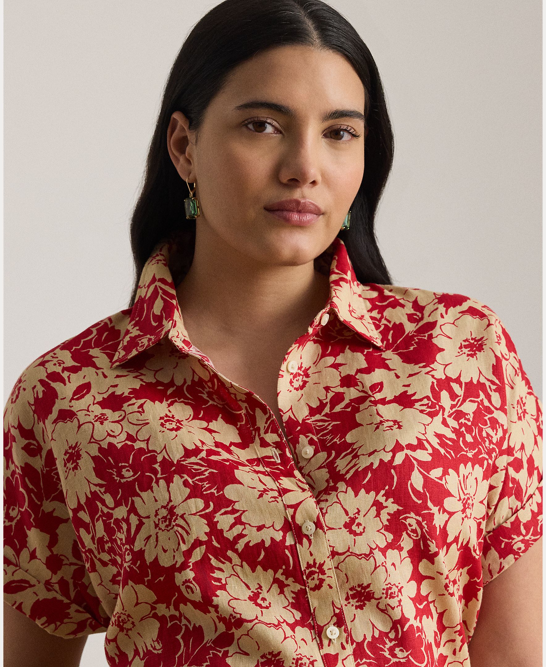 Camisa de linho estampada Vermelho-3
