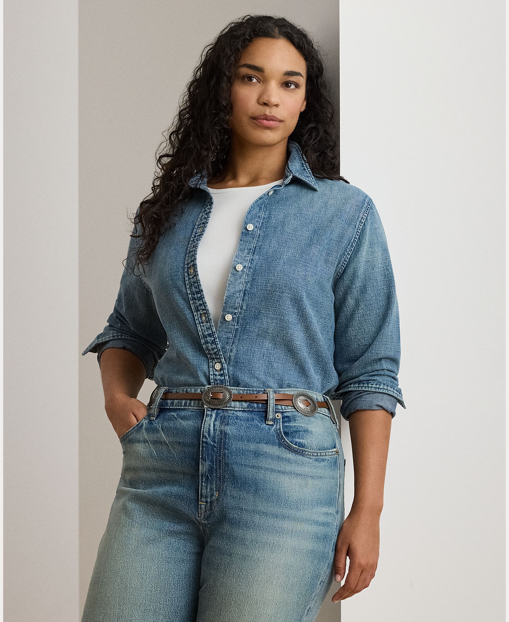Lauren Ralph Lauren Woman - Camisa de mujer talla grande denim de algodón.