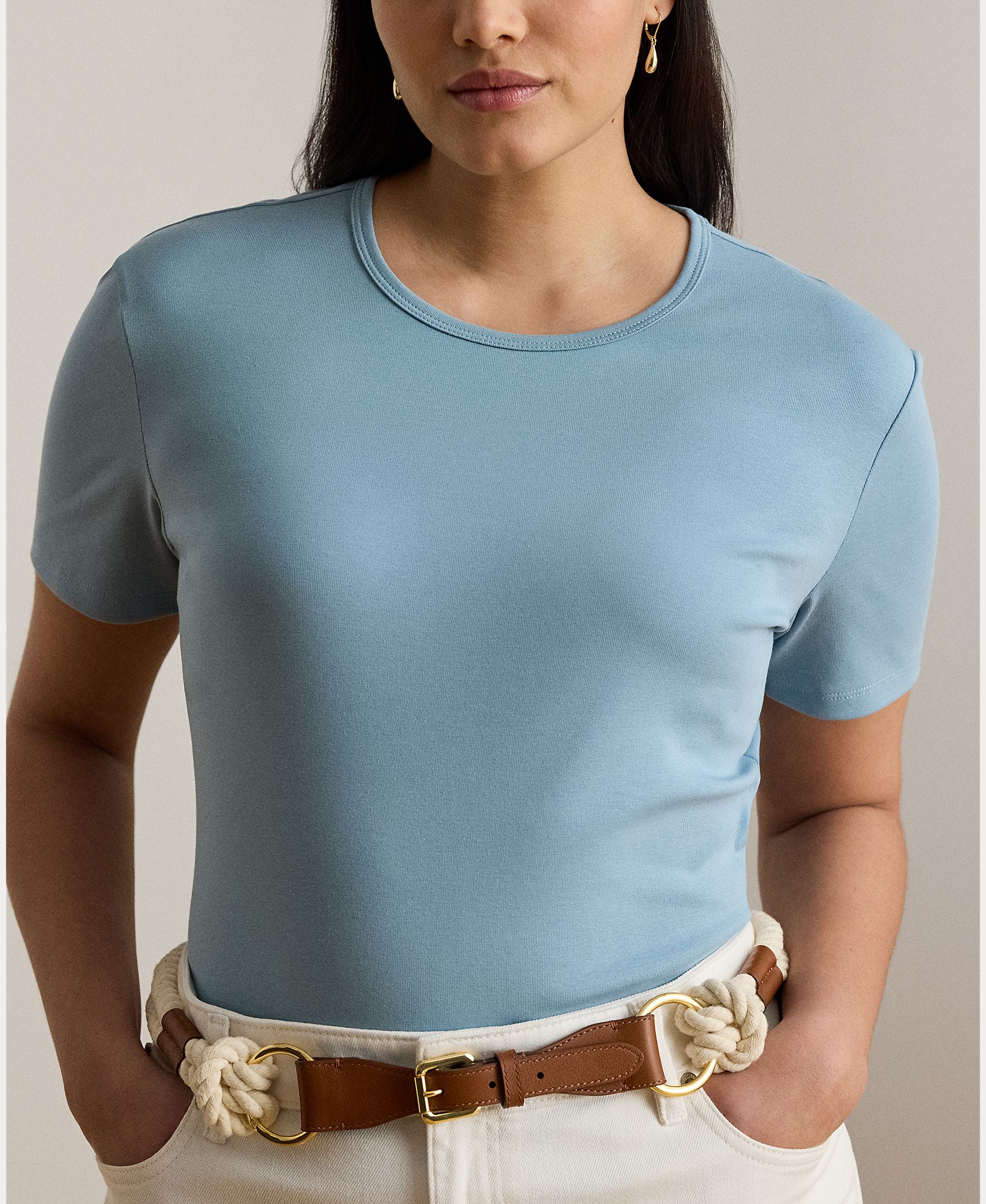 T-shirt Tamanhos Grandes de Algodão Elástico Azul-claro-4