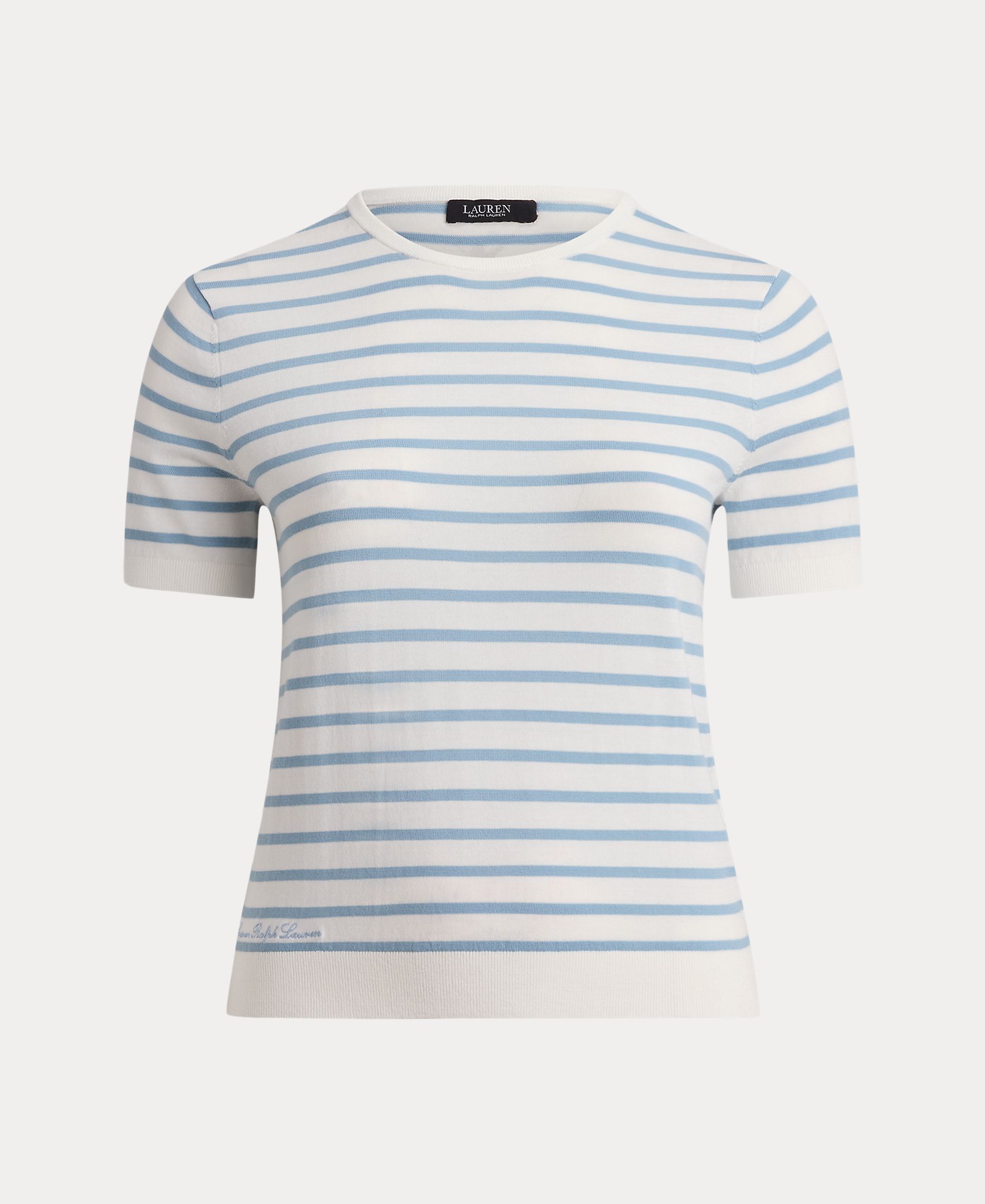 Camisola de Malha de Algodão com Manga Curta Azul-claro-5