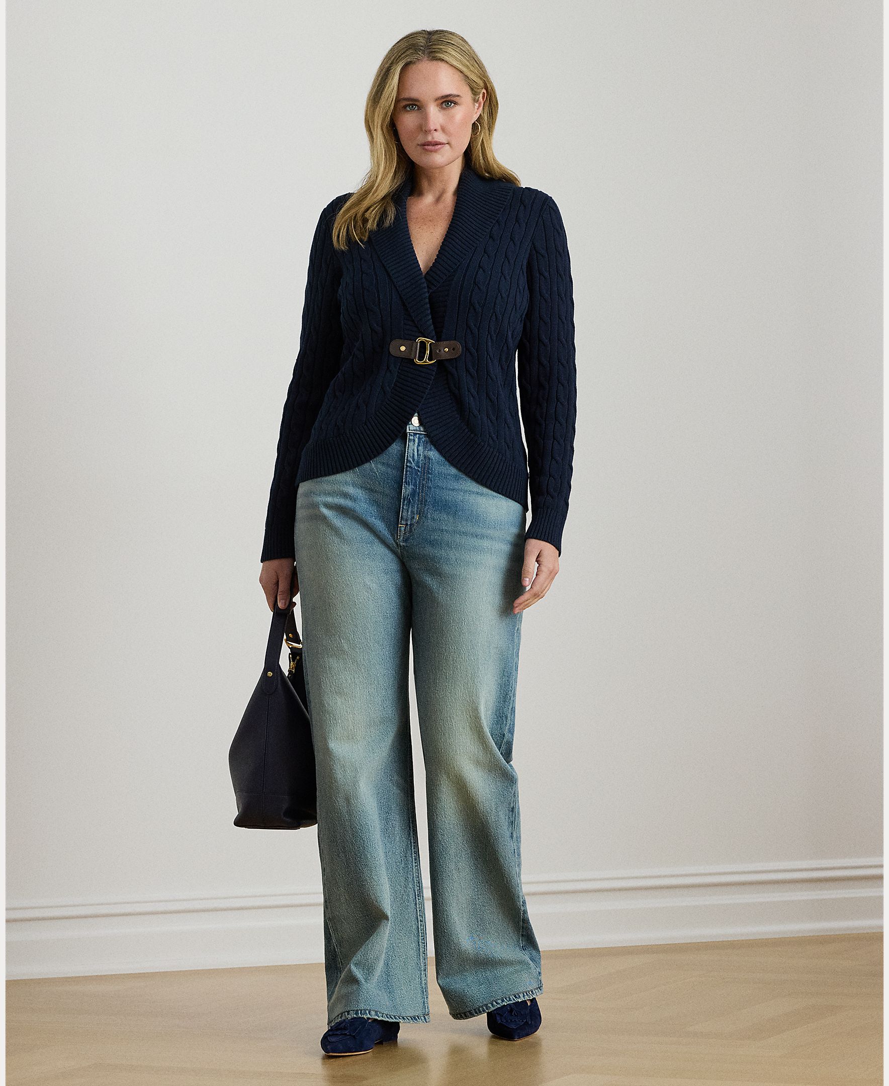 Cardigan Tamanhos Grandes de Algodão com Fivela Azul-marinho-5