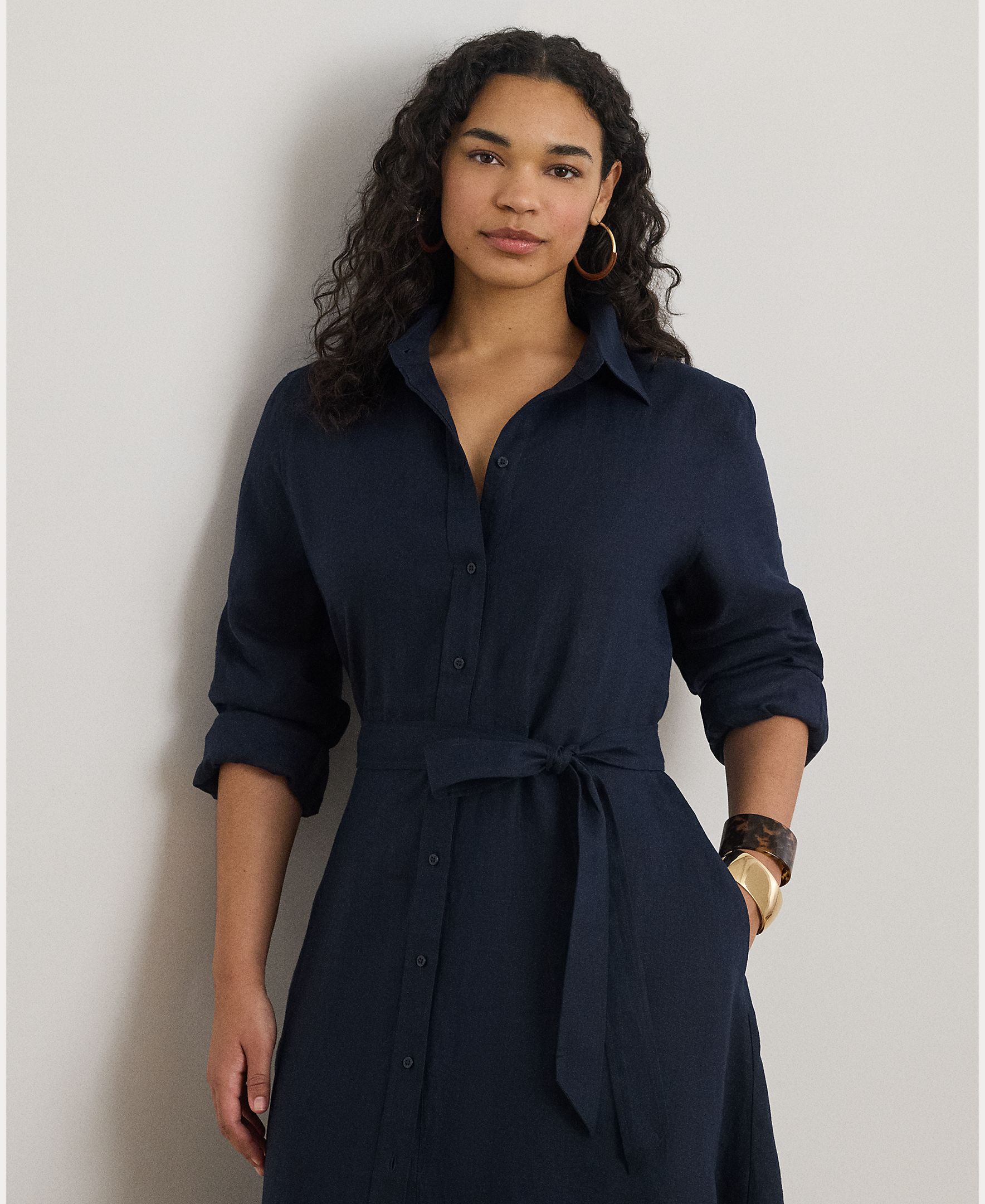 Vestido midi de linho Azul-marinho-3
