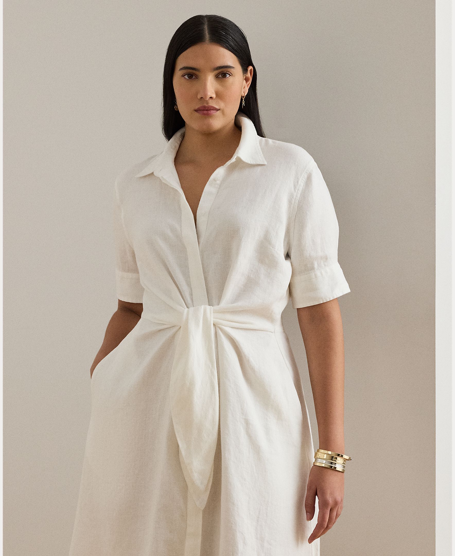 Vestido Midi Tamanhos Grandes em Linho Branco-3