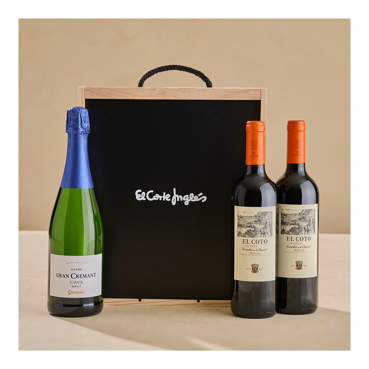 Caja de vino 2 | Vinos Rioja crianza El Coto y cava brut Gran Cremant Codorníu 1