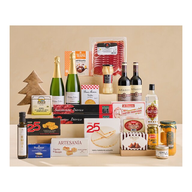 Lote de Navidad 9 dulces, embutidos ibéricos Azuaga, queso, conservas, vino, cava Codorniú y ginebra