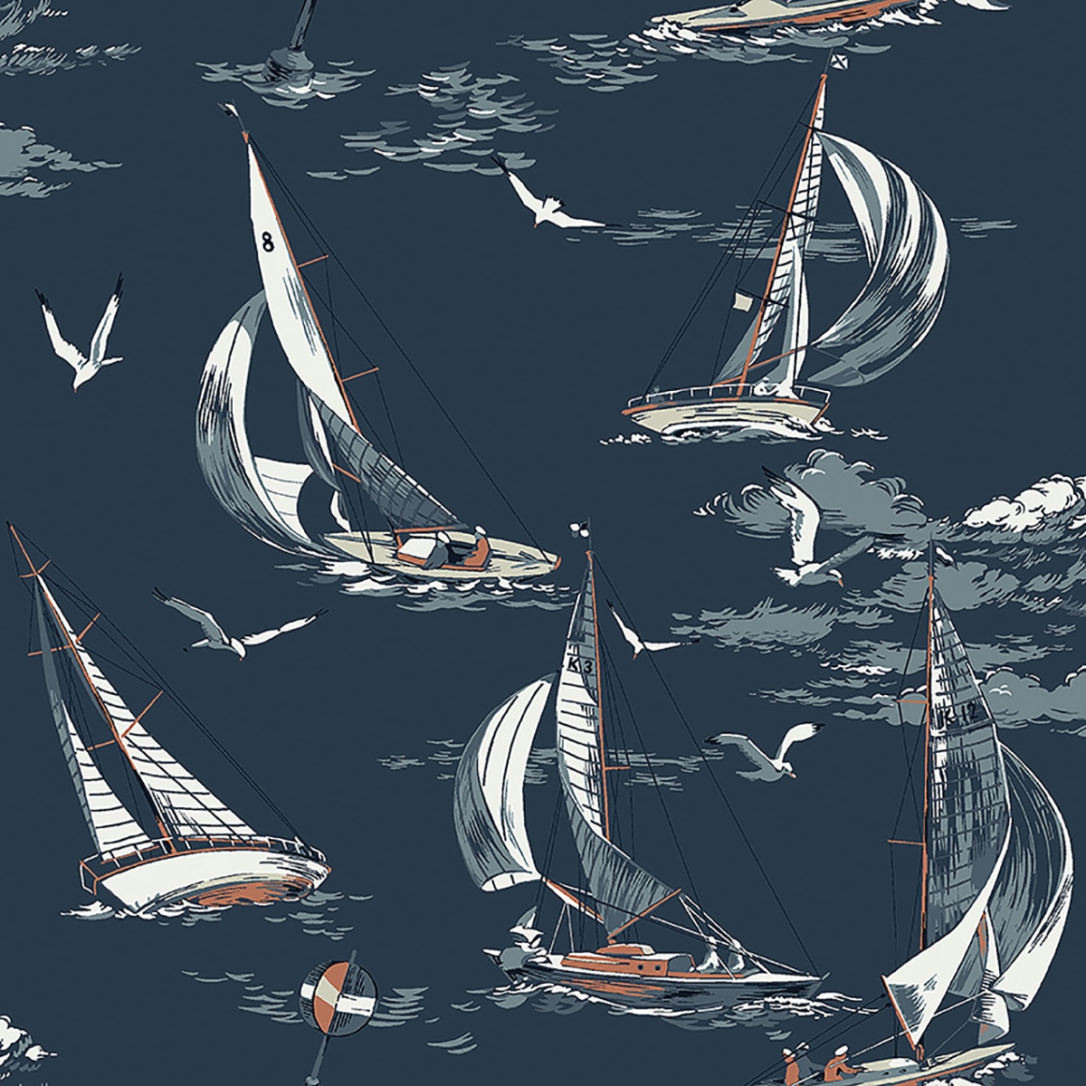 Papel pintado Paisaje barcos Coordonne - Azul marino 0,53 x 10 m Azul marino-1