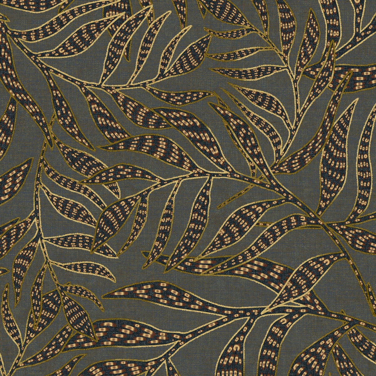 Papel de parede étnico com folhas Cinzento-1