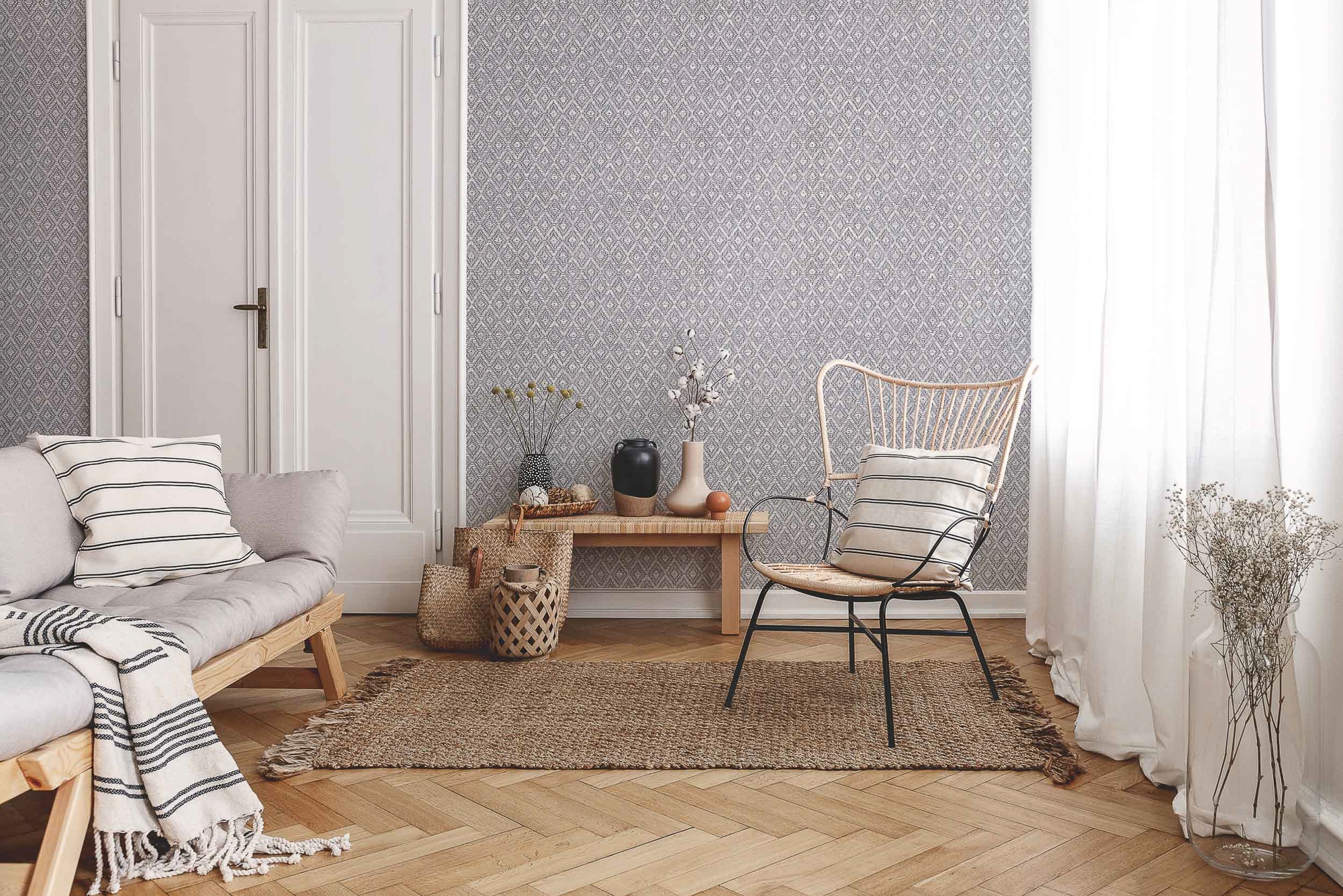 Papel Pintado Losangos Raffias+ Cinzento-2