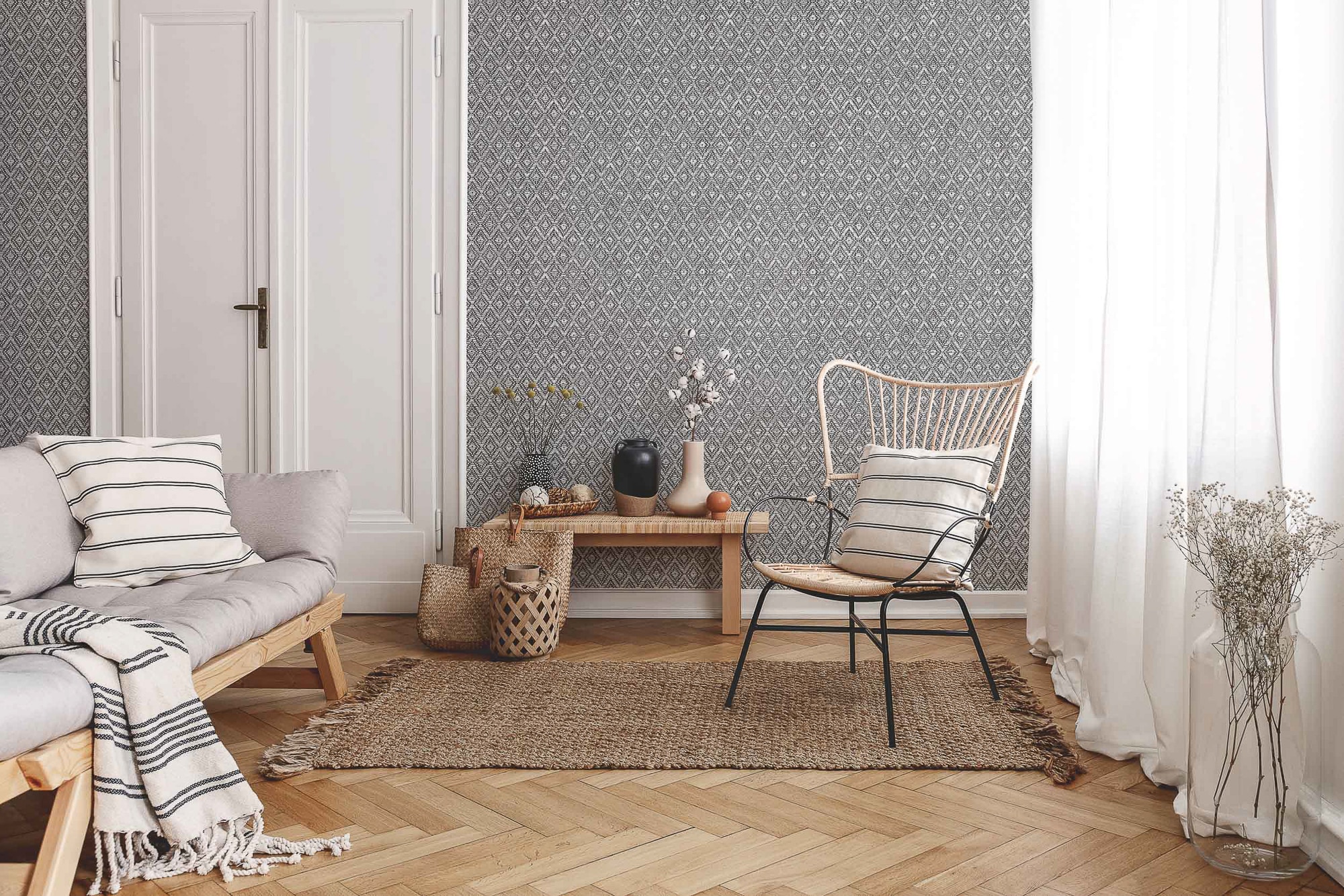 Imagen 2 de Papel pintado Rombos Raffias+ Coordonné - Gris oscuro 0,5 x 10 m Gris oscuro