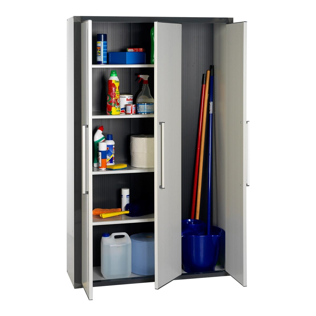 Armário Alto PVC 3 Portas e 4 Prateleiras + Vassoureiro Cinzento-2