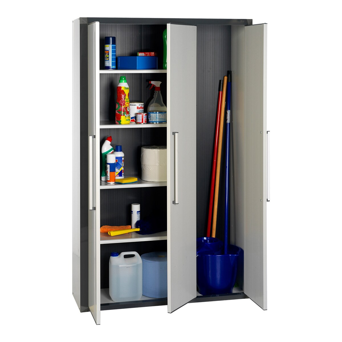 Armário Alto PVC 3 Portas e 4 Prateleiras + Vassoureiro Cinzento-2