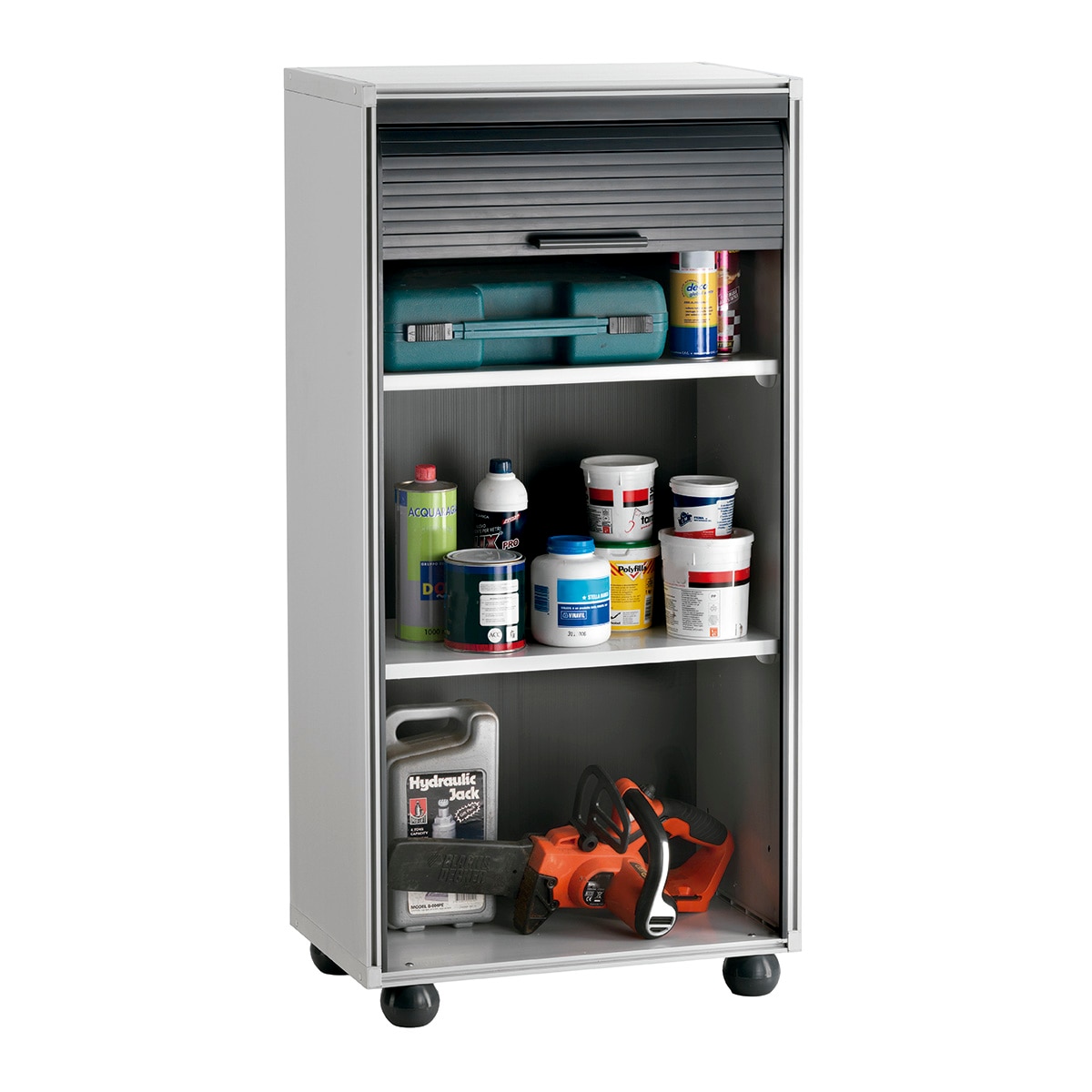 Armário PVC com Porta Enrolável Vertical + 2 Prateleiras para Garagem Cinzento-escuro-2