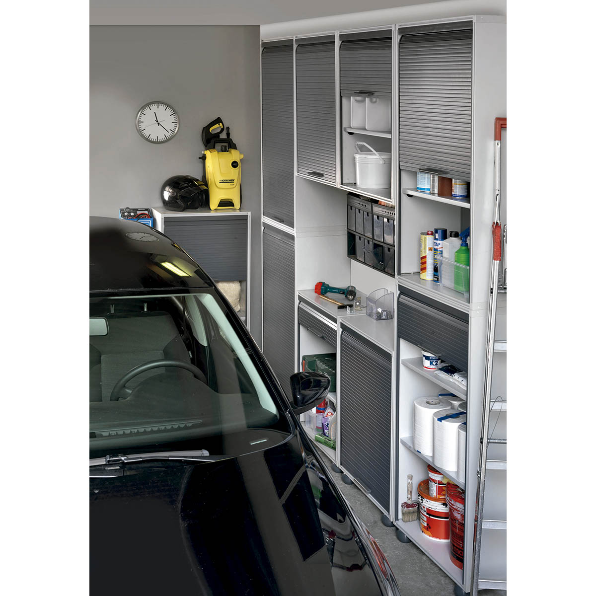 Armário PVC com Porta Enrolável Vertical + 2 Prateleiras para Garagem Cinzento-escuro-5