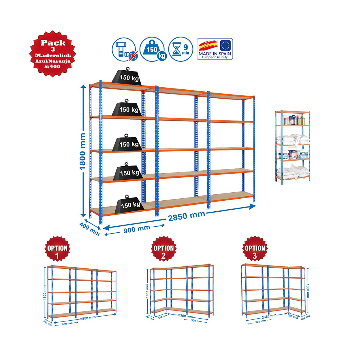 Pack 3 estanterías metálicas sin tornillos Maderclick 5/400 Azul / Naranja-2