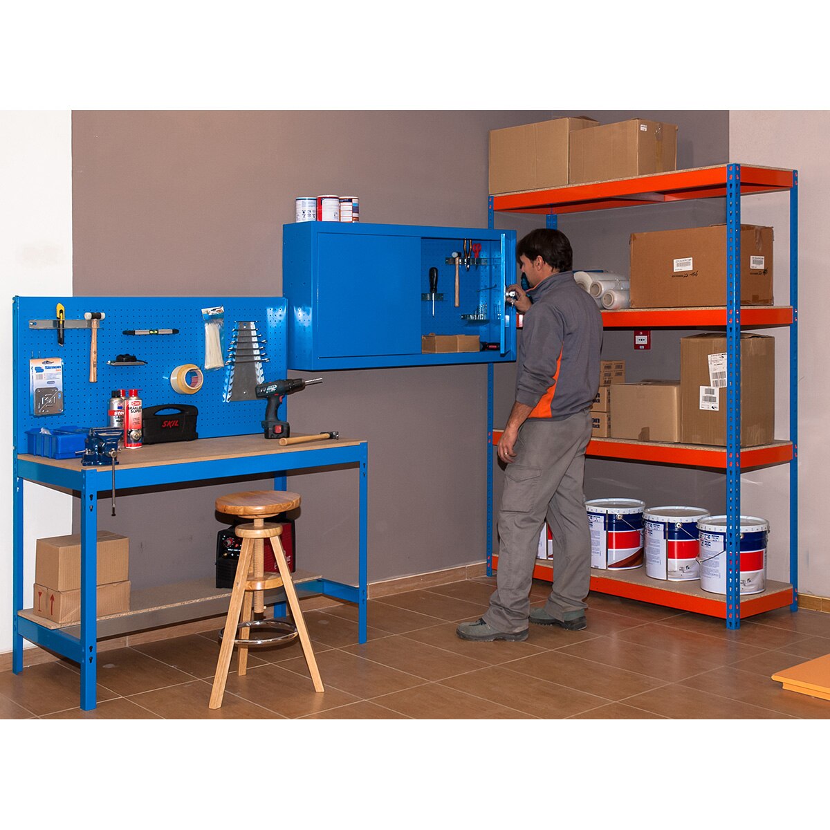 Estante Metálica SIMONFORTE 4 Prateleiras Azul/Laranja/Madeira-3