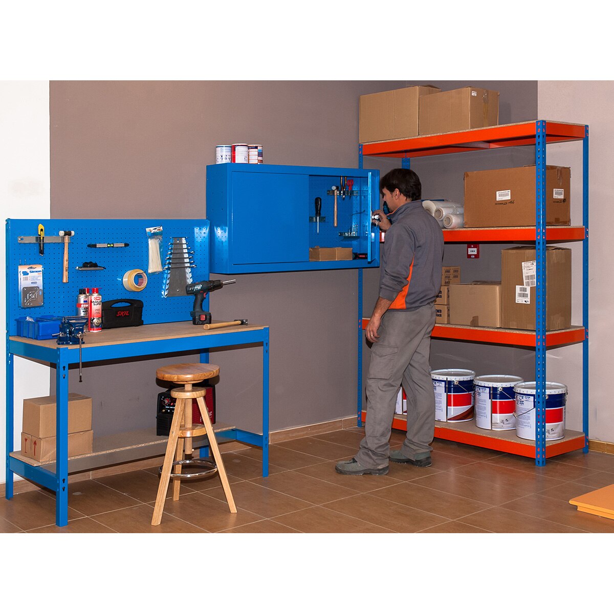 Estantería metálica SIMONFORTE 4 Estantes Azul / Naranja / Madera-3