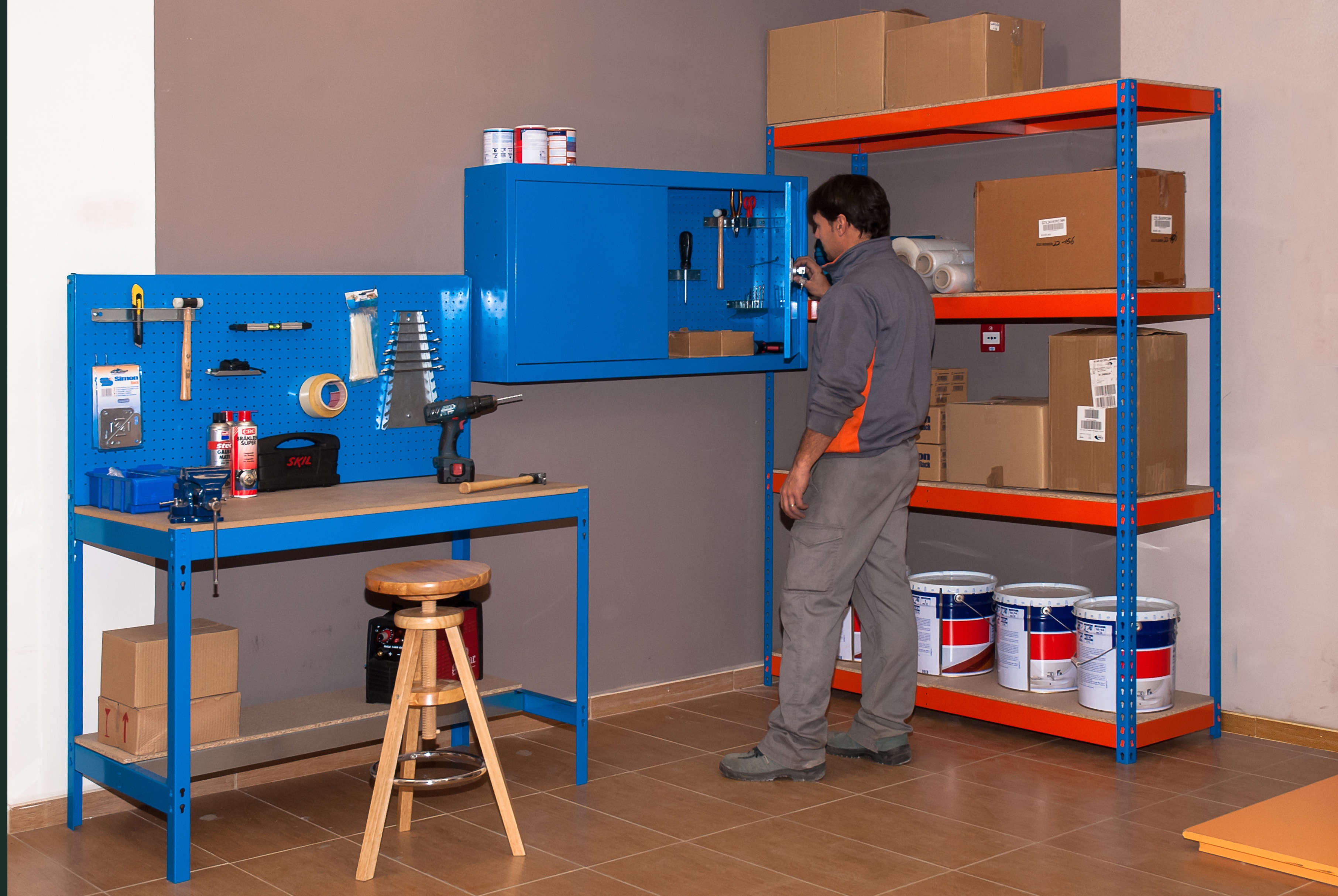 Estante Metálica SIMONFORTE 4 Prateleiras Azul/Laranja/Madeira-3