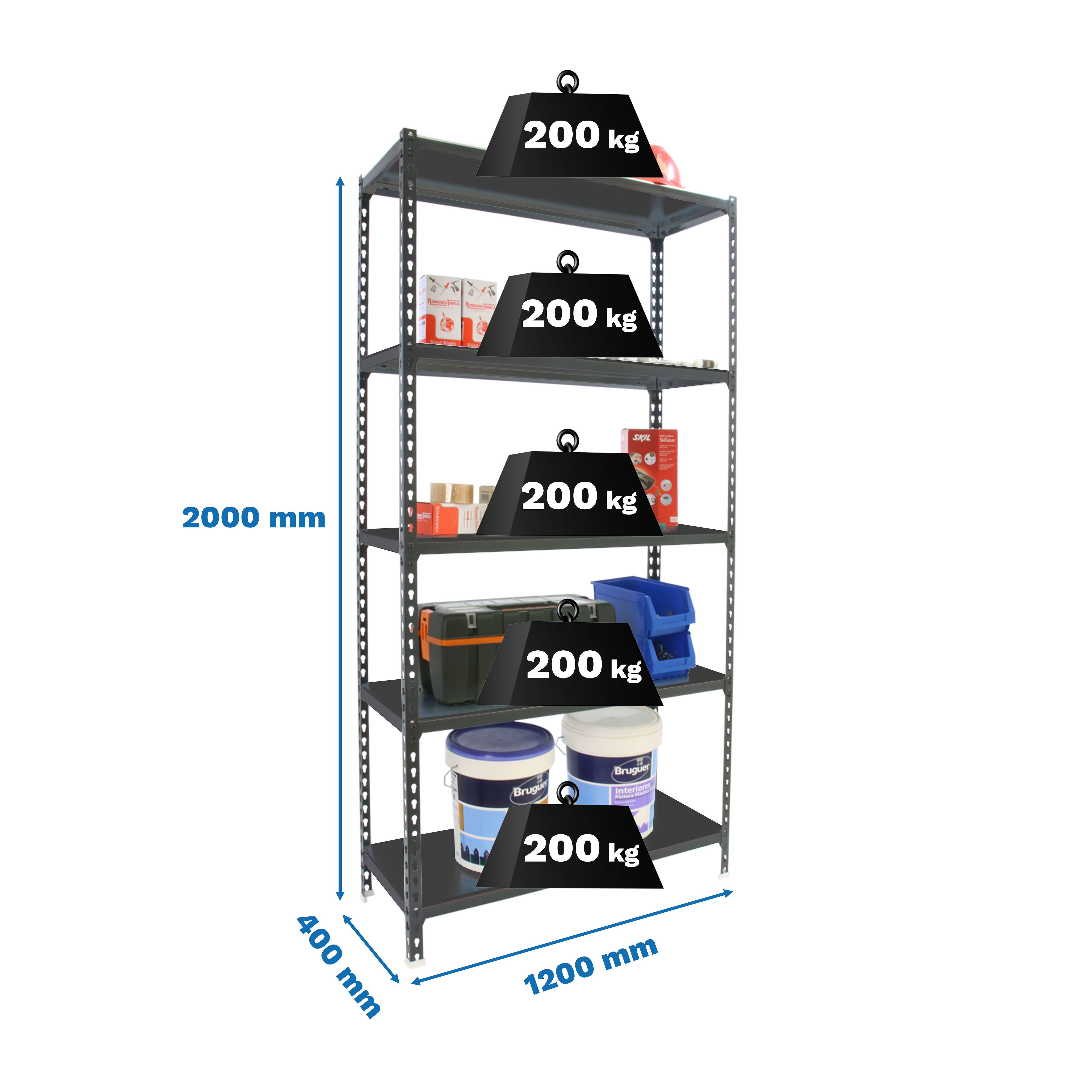 Estante Metálica Simonclick Megaplus 5 Prateleiras - 120x200x40 cm Antracite / Cinzento-4