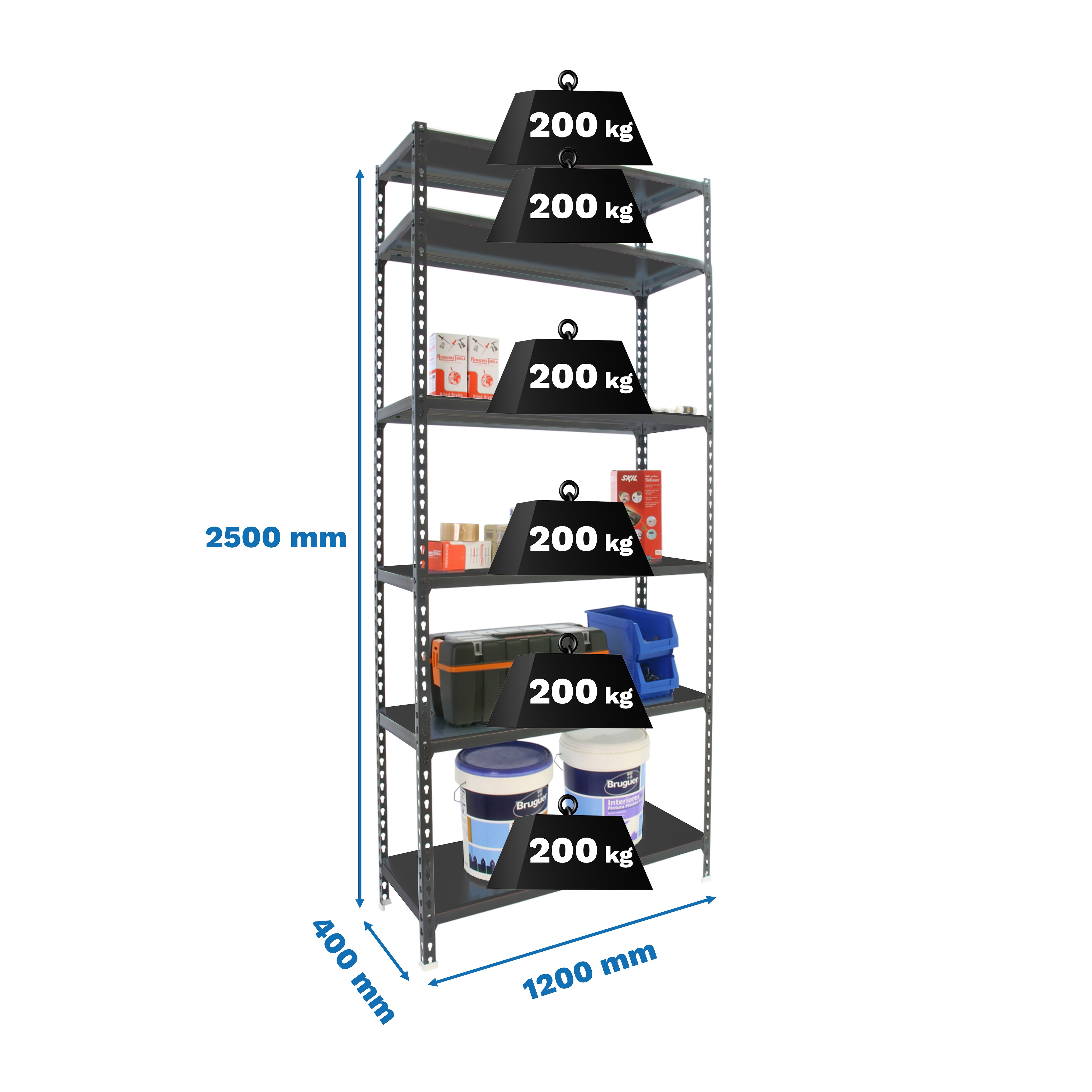 Estante Metálica Simonclick Megaplus 6 Prateleiras - 120x250x40 cm Antracite / Cinzento-4
