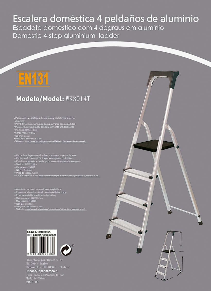 Escalera Doméstica Aluminio 4 Peldaños Aluminio-2