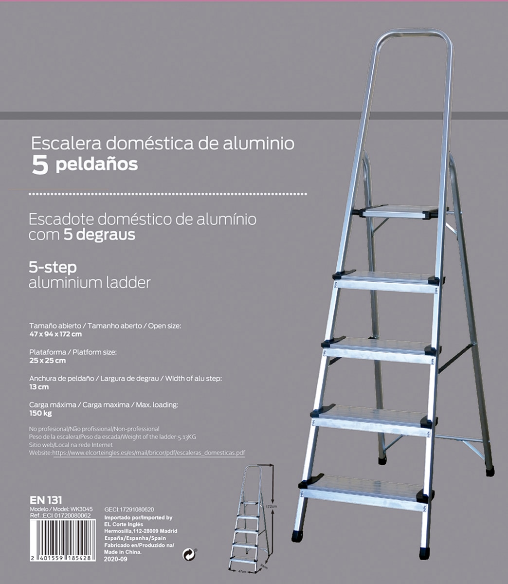 Escalera Doméstica Aluminio 5 Peldaños Anchos Aluminio-2