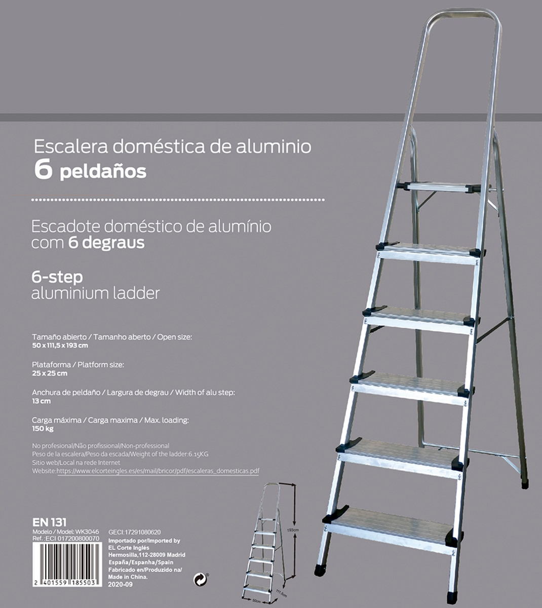 Escalera Doméstica Aluminio 6 Peldaños Anchos Aluminio-2