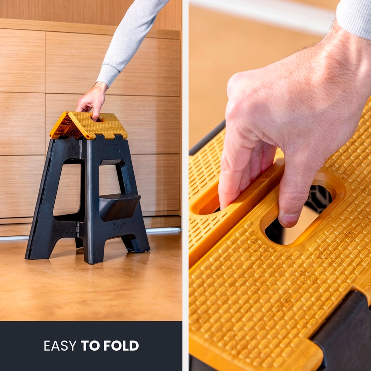 Taburete de 2 peldaños, 40 cm, negro, Compact plegable con Bambú Negro / Madera-2