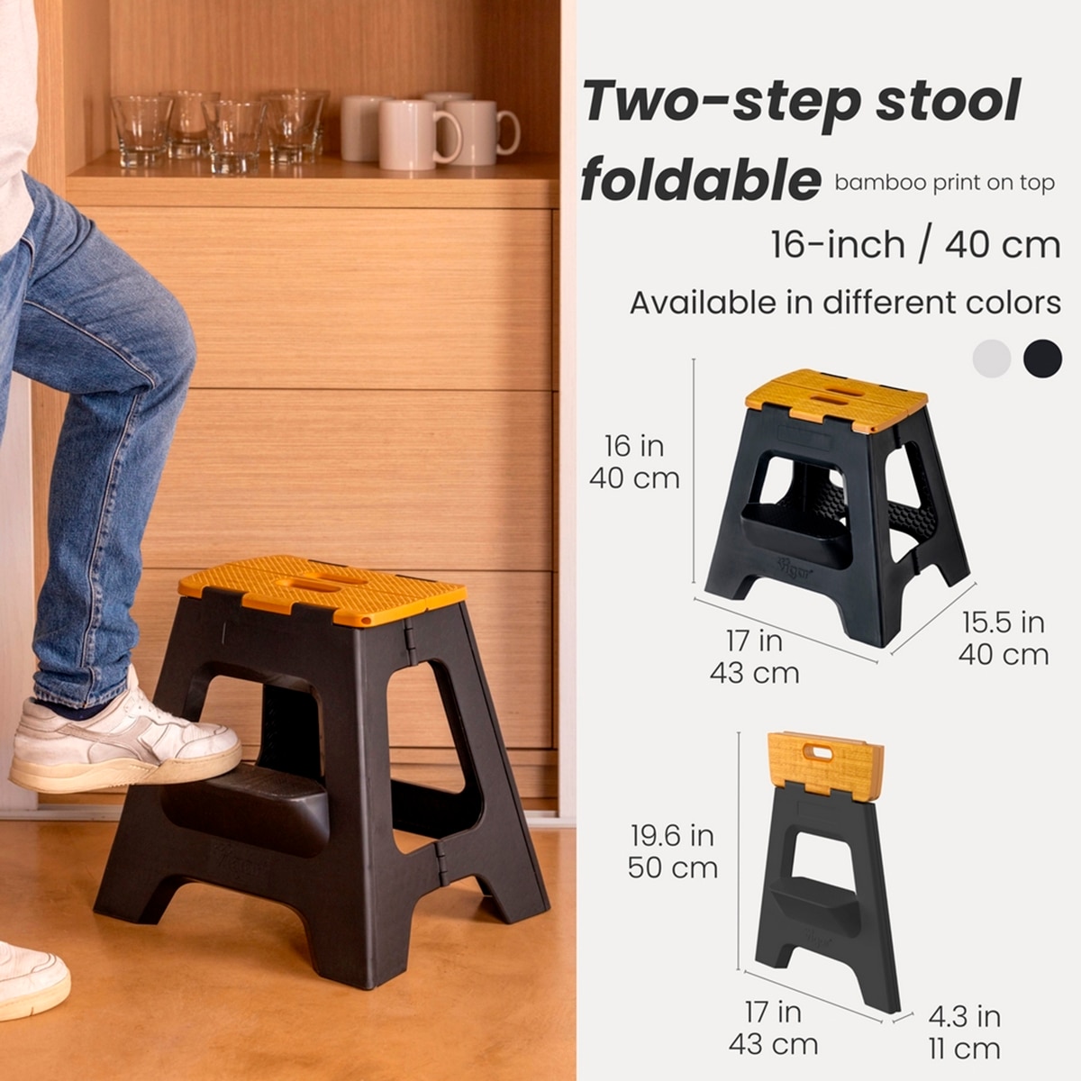 Taburete de 2 peldaños, 40 cm, negro, Compact plegable con Bambú Negro / Madera-4