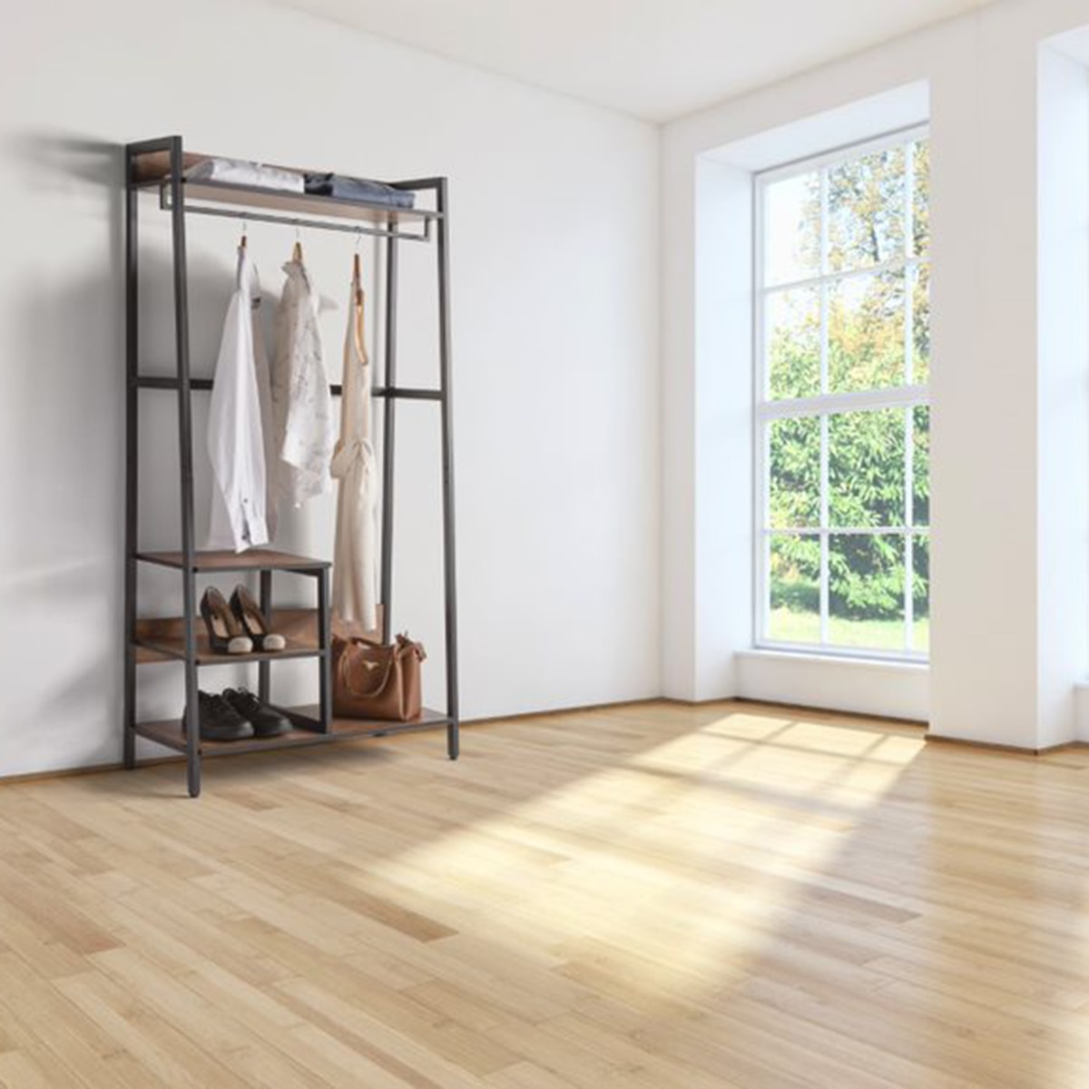 Parabán Vestidor con Balda L + 2 Baldas M Negro / Madera-2