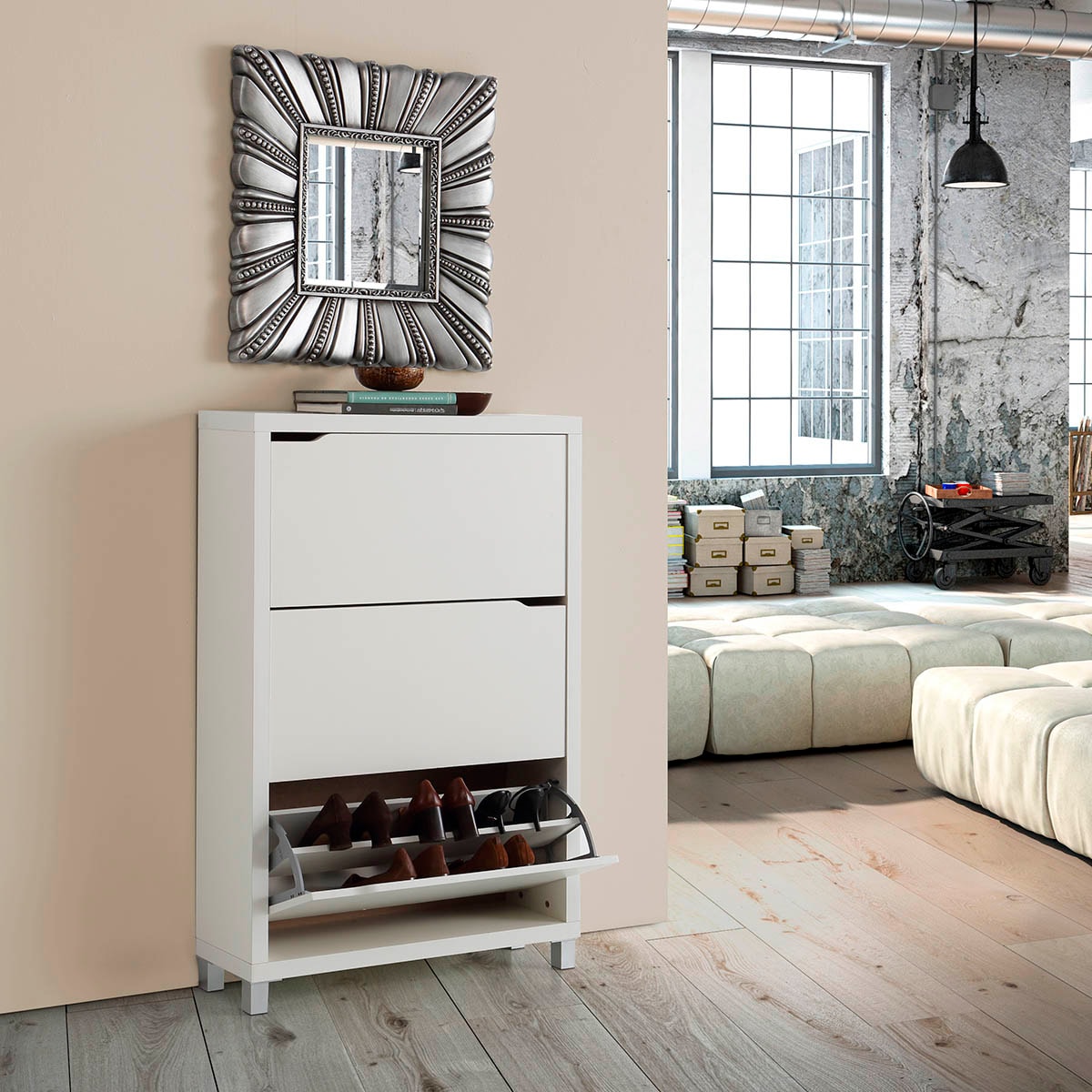 Mueble Zapatero 3 Trampones Kubox Acabado Blanco Blanco-2