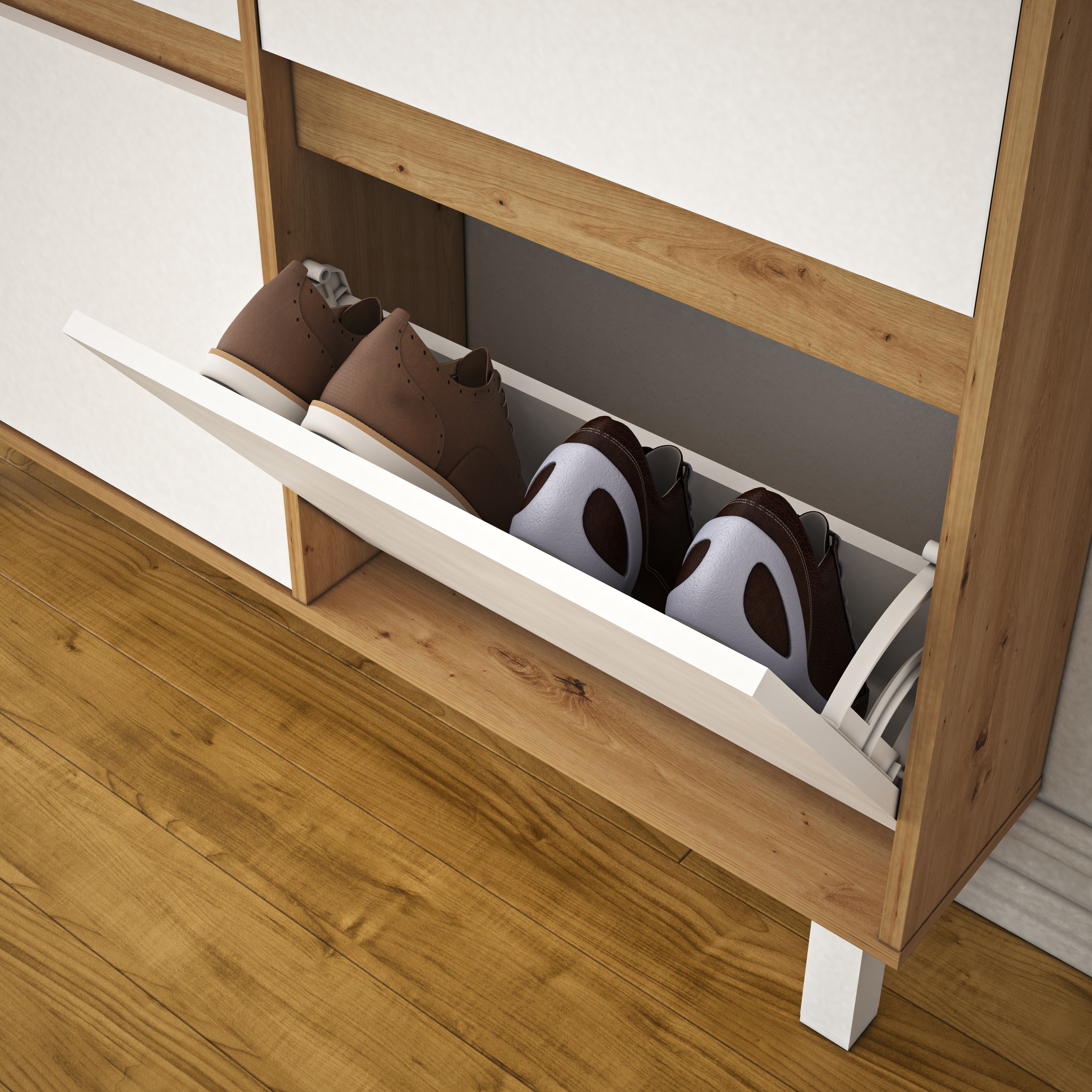 Zapatero Melamina Fondo Reducido 4 Trampones - 8 Pares Madera / Blanco-10