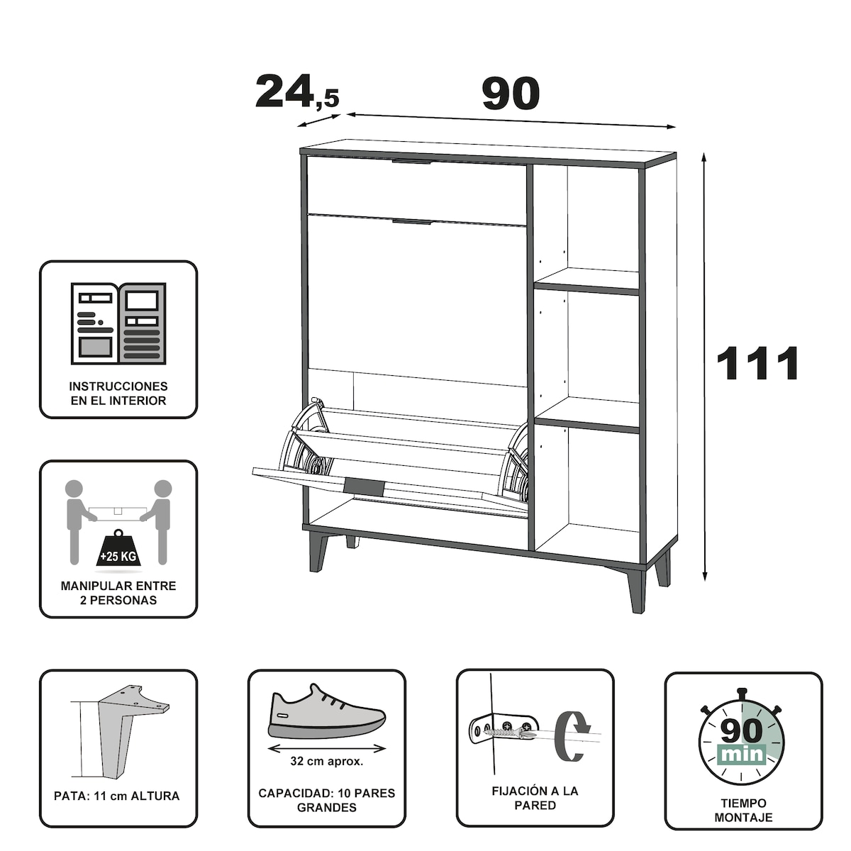 Sapateira de Melamina 2 Compartimentos + 1 Gaveta + 3 Prateleiras - 10 Pares Madeira/Preto-6