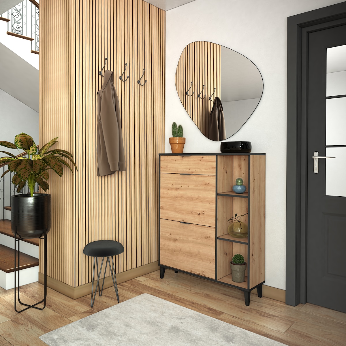 Sapateira de Melamina 2 Compartimentos + 1 Gaveta + 3 Prateleiras - 10 Pares Madeira/Preto-8