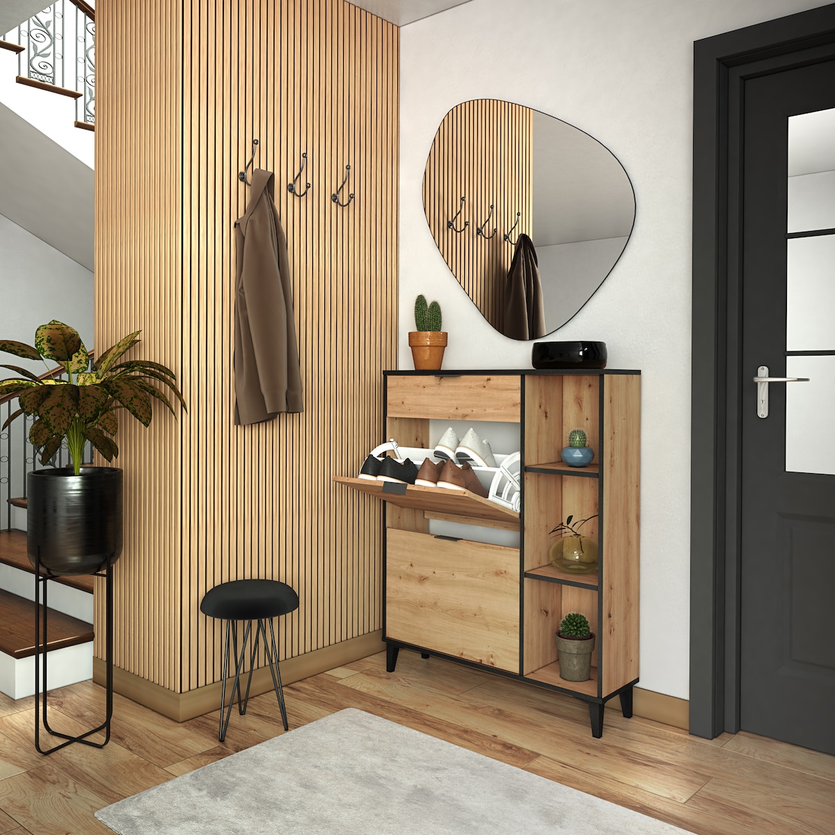 Sapateira de Melamina 2 Compartimentos + 1 Gaveta + 3 Prateleiras - 10 Pares Madeira/Preto-9