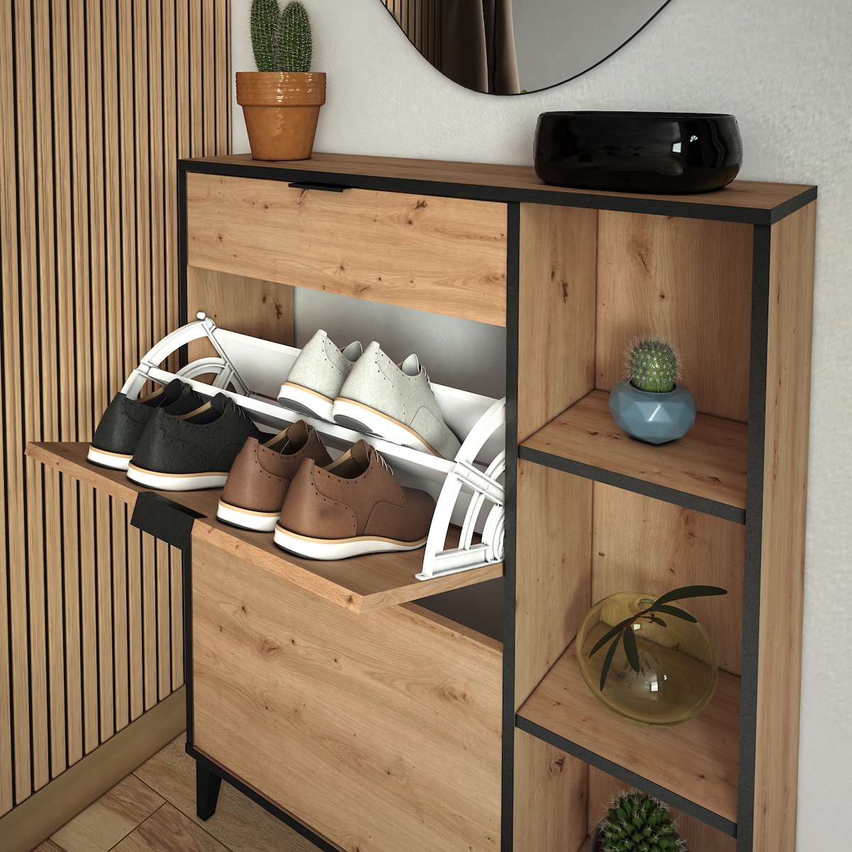 Sapateira de Melamina 2 Compartimentos + 1 Gaveta + 3 Prateleiras - 10 Pares Madeira/Preto-10