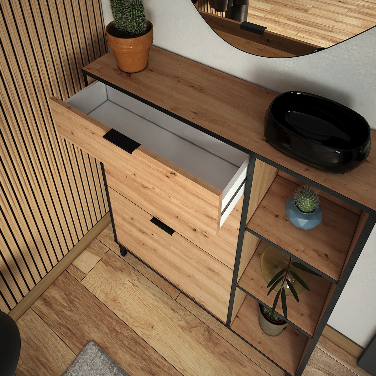 Sapateira de Melamina 2 Compartimentos + 1 Gaveta + 3 Prateleiras - 10 Pares Madeira/Preto-11