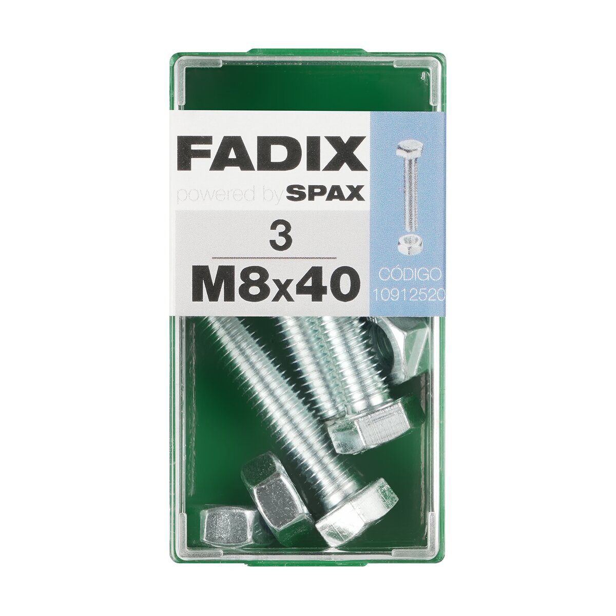 FADIX - Tornillo Cabeza Hexagonal + Tuerca M8 x 40 mm - Caja 3 Uds.