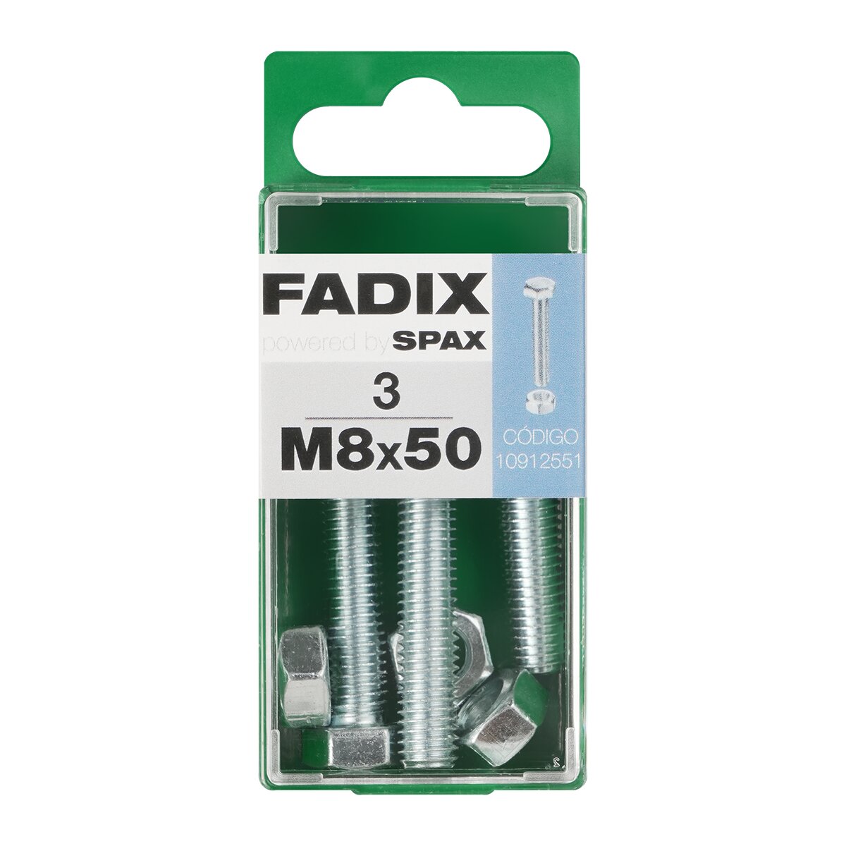 Tornillo Cabeza Hexagonal + Tuerca M8 x 50 mm - Caja 3 Uds Zincado-1