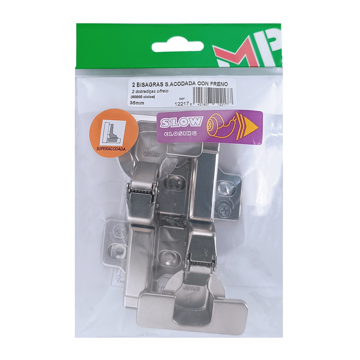 2 Bisagras Cazoleta Clip Súper Acodadas 35 mm con Freno y Triple Regulación Zincado-7