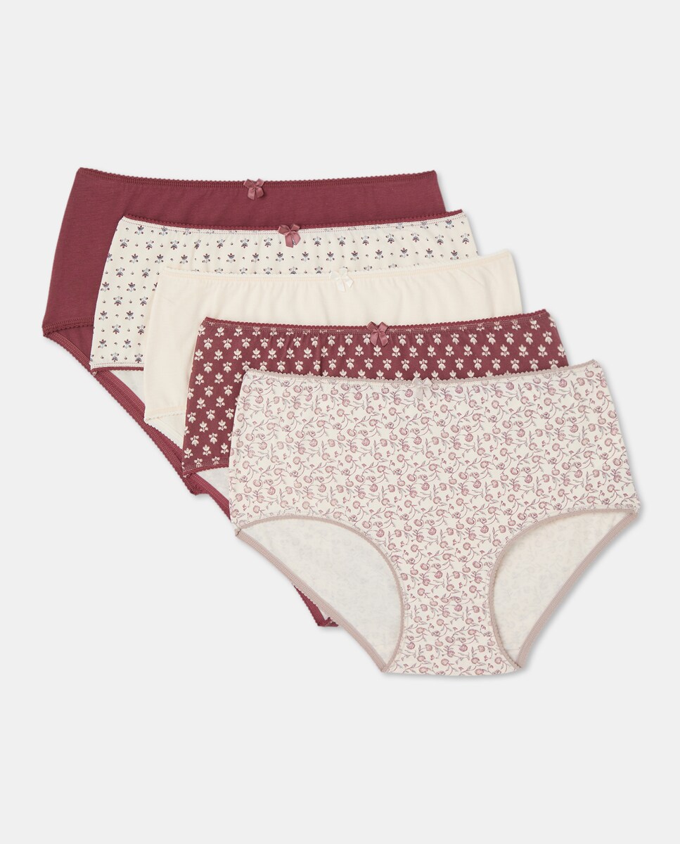 Pack cinco bragas altas estampadas algodón Burdeos-3
