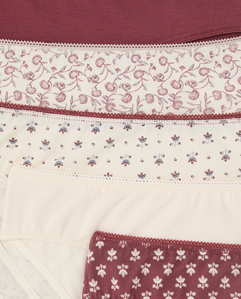 Pack cinco bragas bikini algodón estampadas Burdeos-4