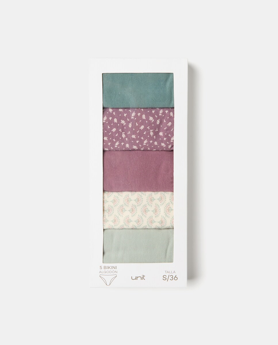 Pack cinco bragas bikini algodón estampadas Burdeos-5